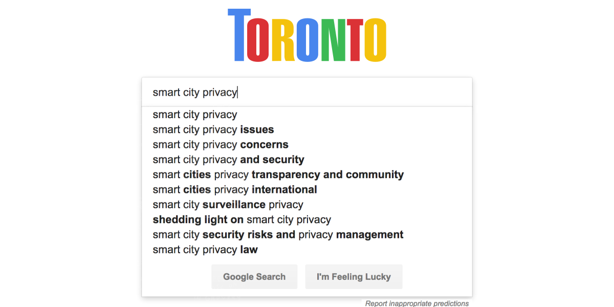 Screenshot of a search autocomplete for 'smart city privacy'